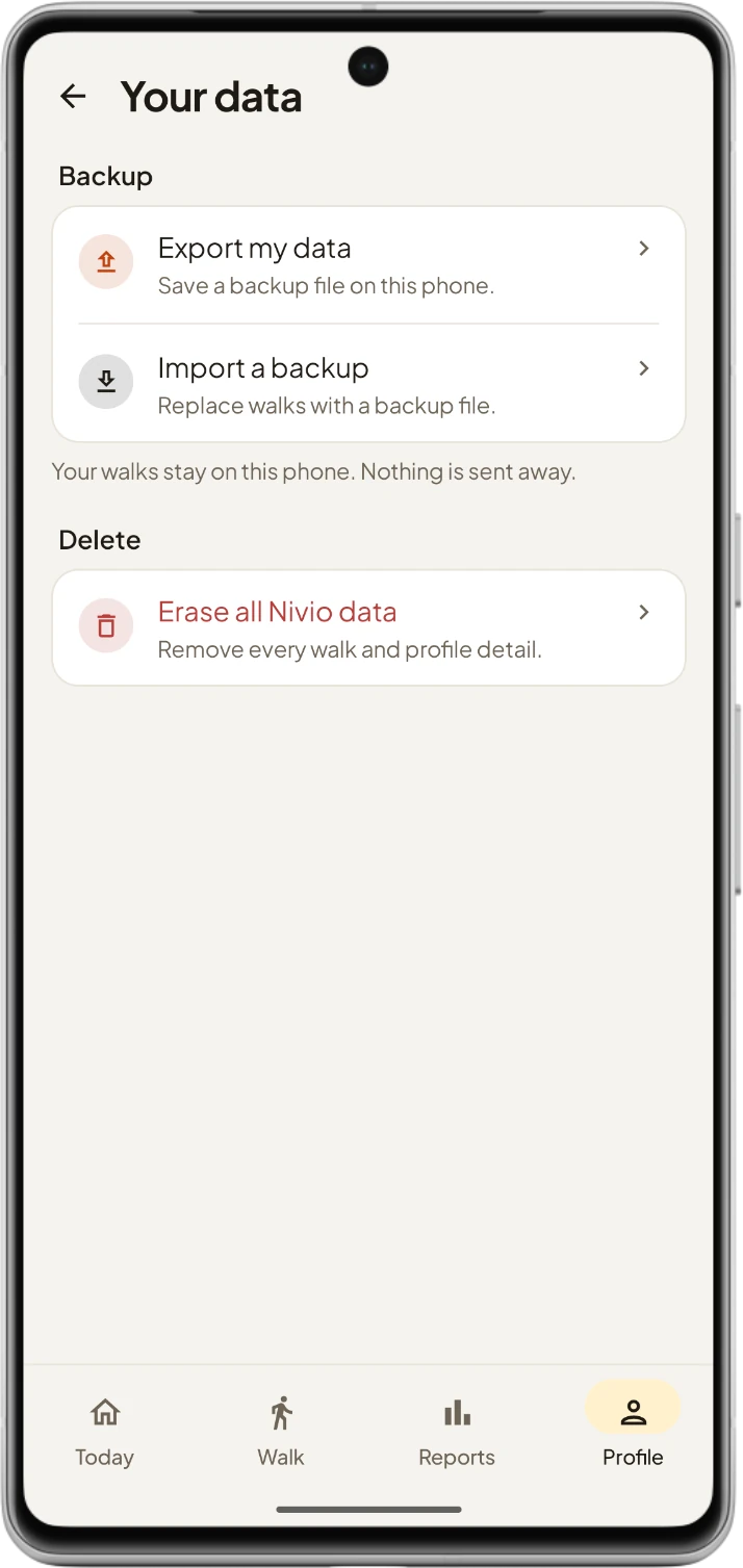 Your data in Nivio: export, import or erase, all kept on the phone