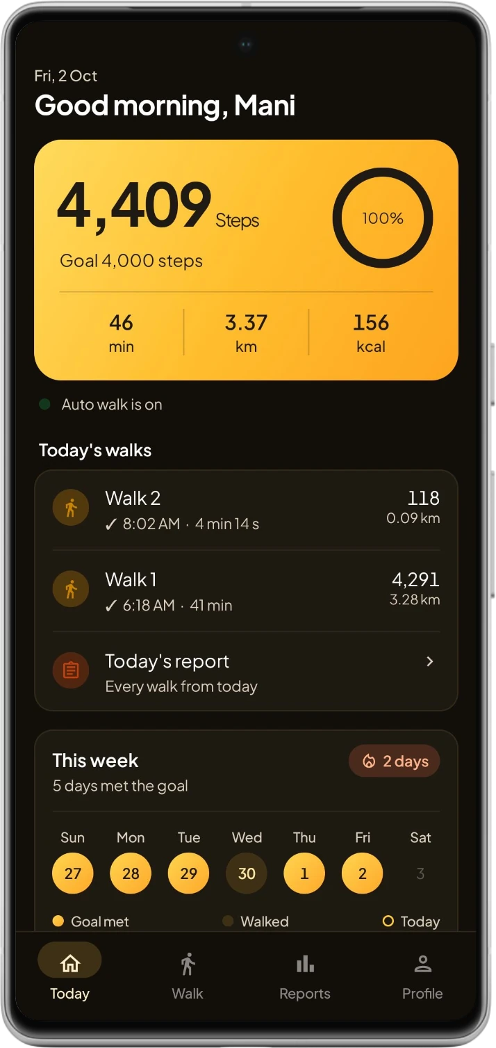 The Today screen of the Nivio app in dark mode: 4,409 steps, a goal ring at 100% and today's walks